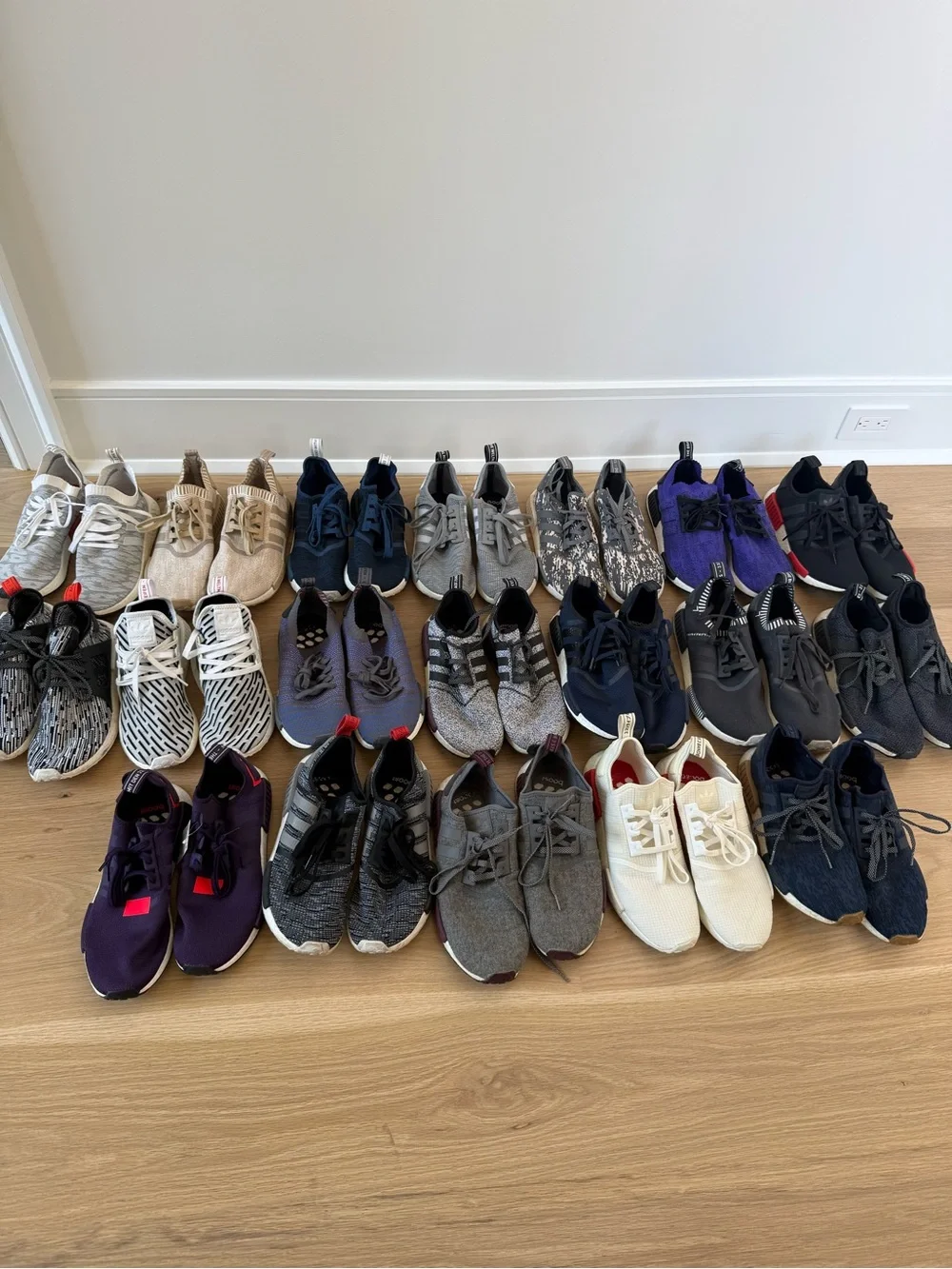 Adidas Men’s NMD Shoes 19 Pairs in Black, Navy, Gray, Purple, Cream, Tan